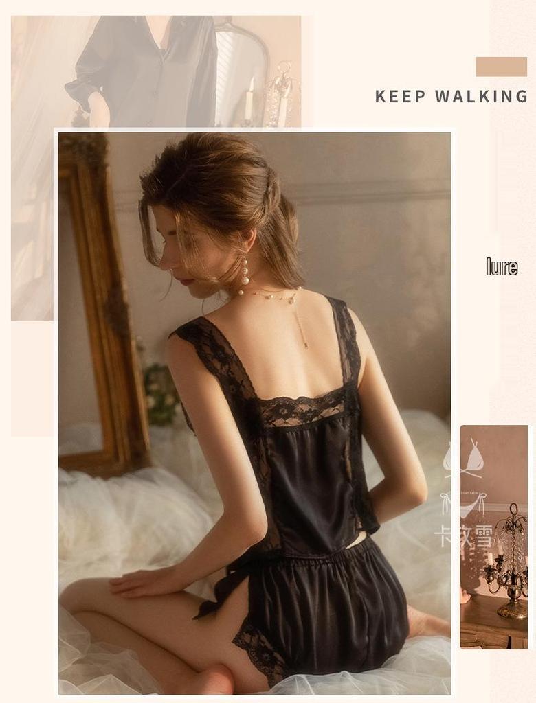 Кружевной женский домашний костюм с шортами на подтяжках во французском стиле