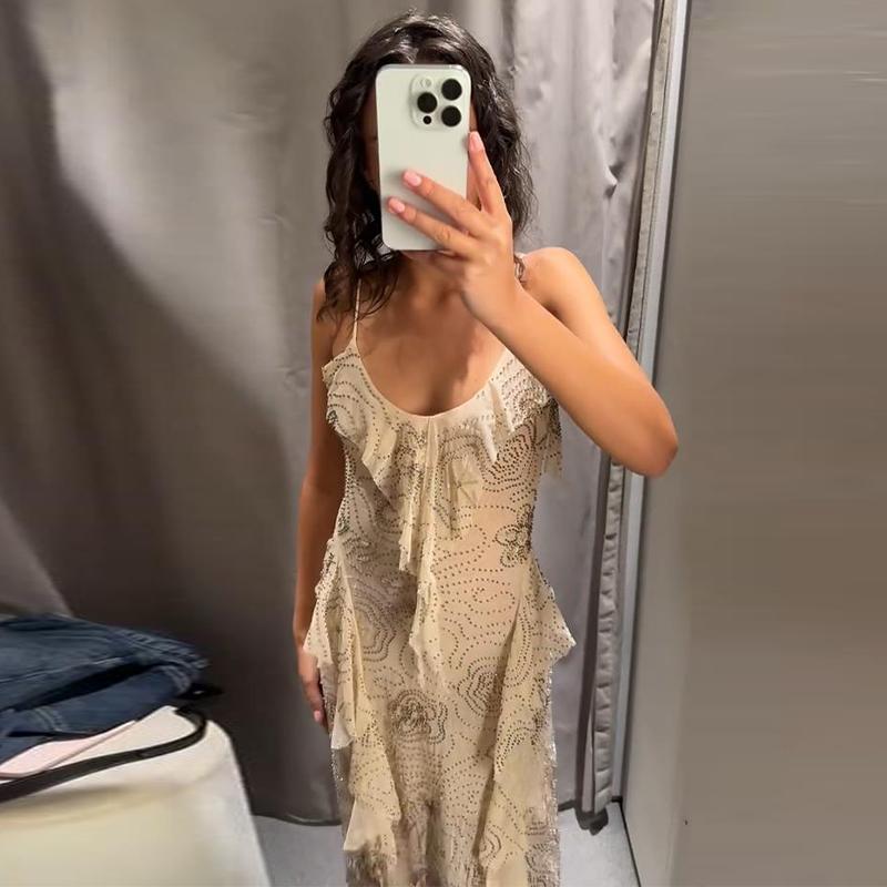 Сетчатое платье-слинг для женщин с V-образным вырезом, ромбами и оборками, длинные платья для женщин, без спинки, без рукавов, весна-лето, повседневное женское праздничное платье