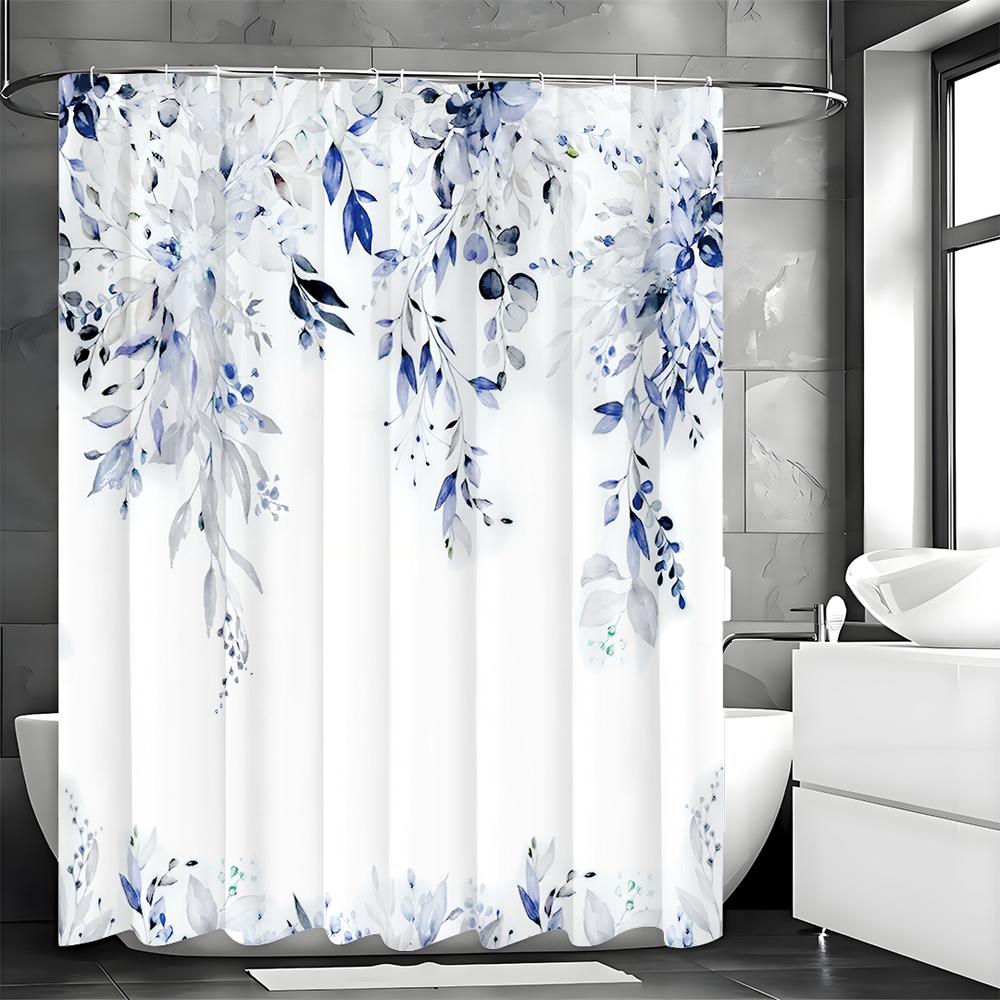Eucalyptus Leaf Blue Shower Curtain, Bathroom Decorative Shower Curtain, Waterproof Shower Curtain with Hooks