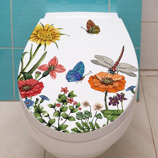 Наклейки на крышку унитаза, самоклеящиеся ПВХ-наклейки, виниловые художественные украшения, креативные цветочные, травяные, бабочки, стрекоза, настенные наклейки, съемные наклейки для ванной комнаты