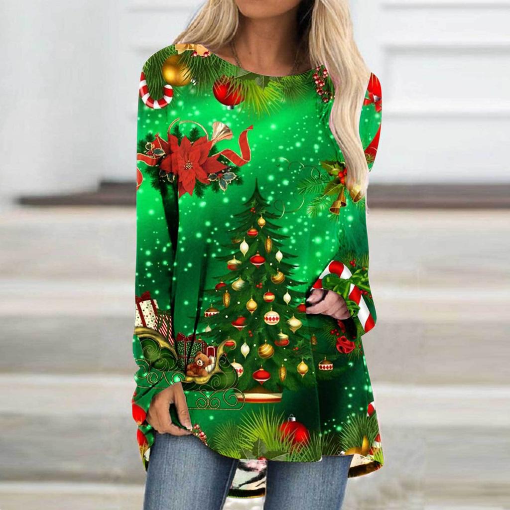 Рождественская елка 3D Принт Длинный рукав Футболка Женская мода Круглый вырез Длинная туника Топы Женщины Осенний рождественский подарок Футболка Femme Топы