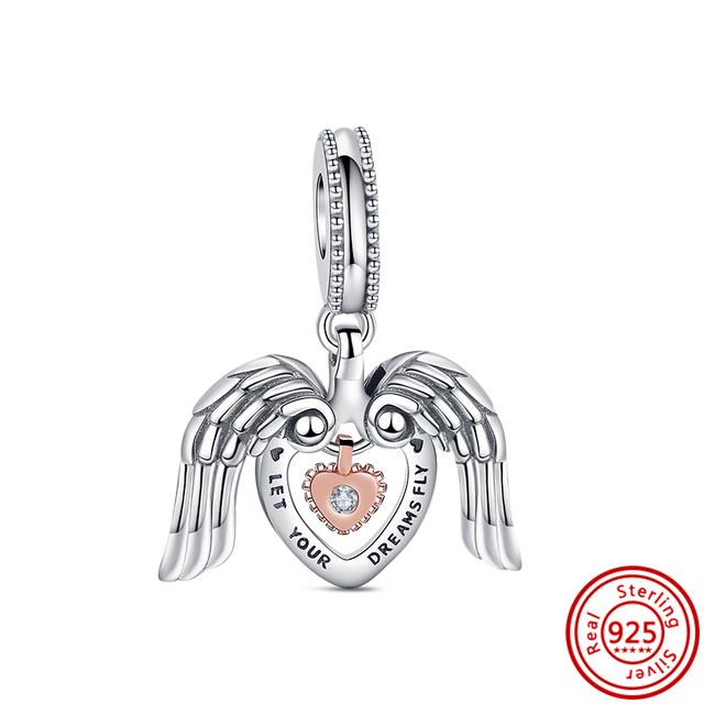 Серебро 925 пробы Love Forever с открытым сердцем, розами, перьями и крыльями, вращающиеся висячие бусины, подходят для подвесок, браслетов, ювелирных изделий
