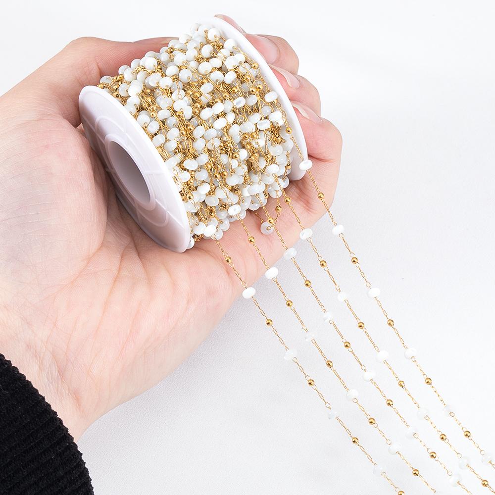 1M Stainless Steel Beaded Chain Elegant White Glass Flat Beads Gold Color Chains for DIY Women Necklace Bracelets Jewelry Making