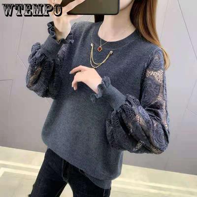 Кружевной лоскутный свитер с рукавами из пряжи для женщин, вязаный пуловер с круглым вырезом, свободный базовый свитер