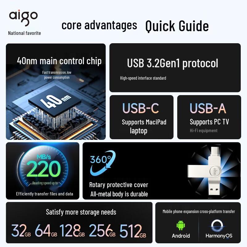 Aigo U356 32 ГБ USB 3.2 Type-C Двух-интерфейсный Мобильный U-накопитель