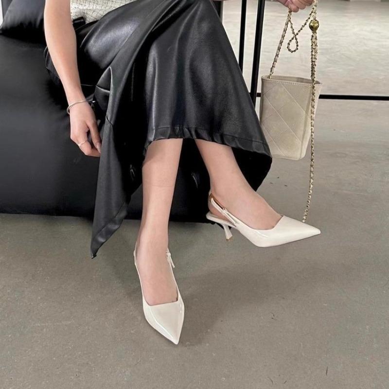 Fashion Stiletto Heels Women's Summer New Pointed Toe One Buckle Strap Wrapped Toe Patent Leather Back Empty Sandals