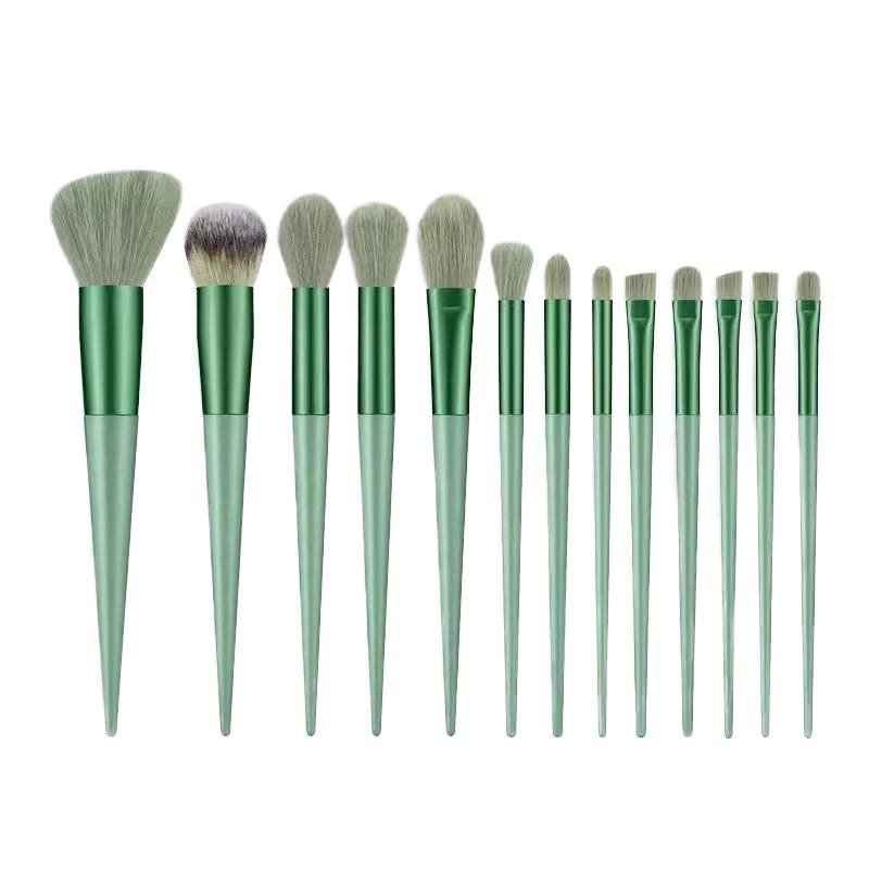 Custom Private Label Green 13-Piece Professional Face Makeup Brush Set with Angular Blush and Soft Bristles
