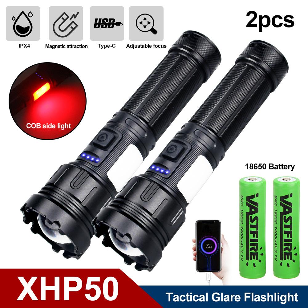 P50 Powerful Flashlight Zoomable Torch With Red Side Lamp Long Range Torch High Power Led Flashlights Rechargeable 7 Modes Lamp