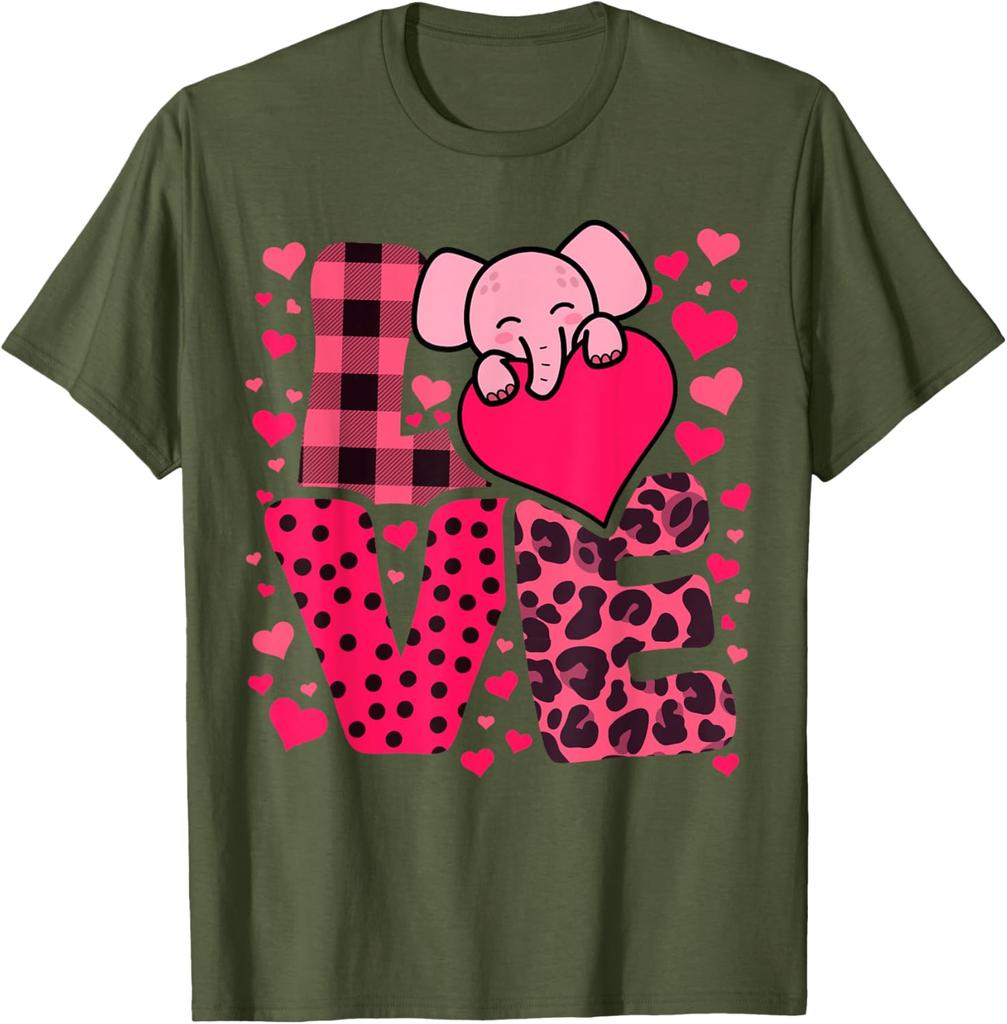 Cute Elephant Love Hearts Valentines Day Graphic Tee Soft Breathable Casual T-Shirt