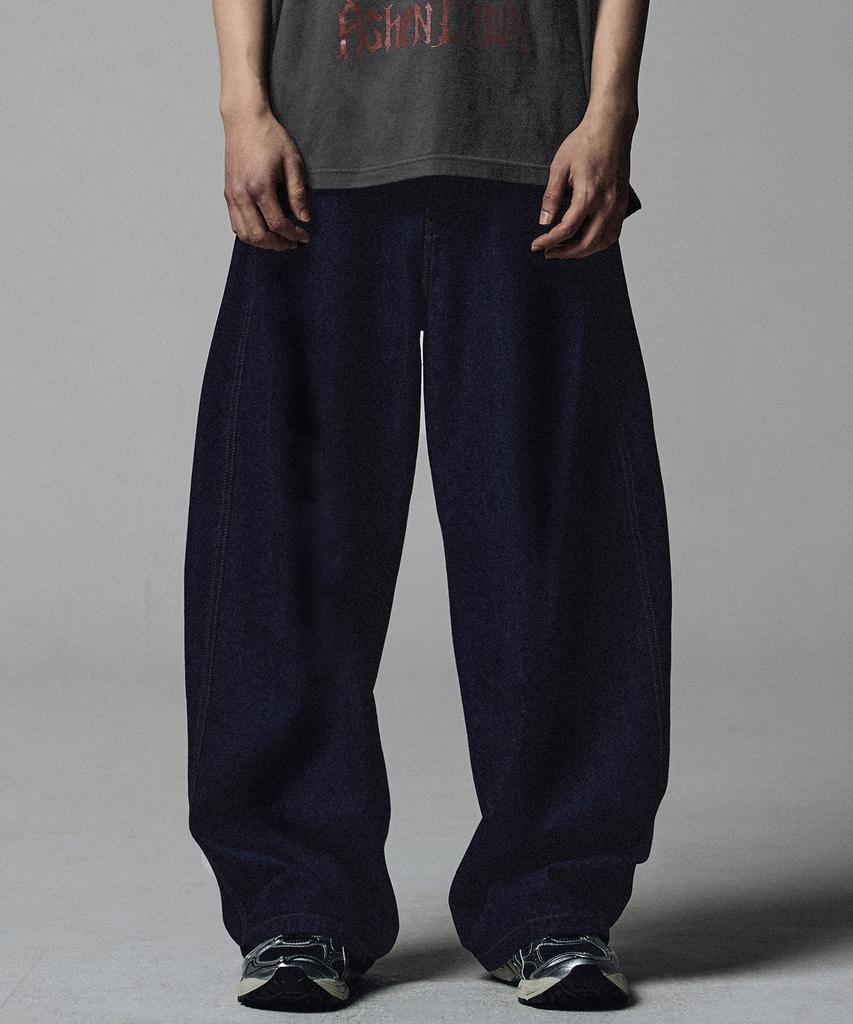 NOT4NERD Linen Like Curved Semi Wide Denim Pants - Deep Indigo