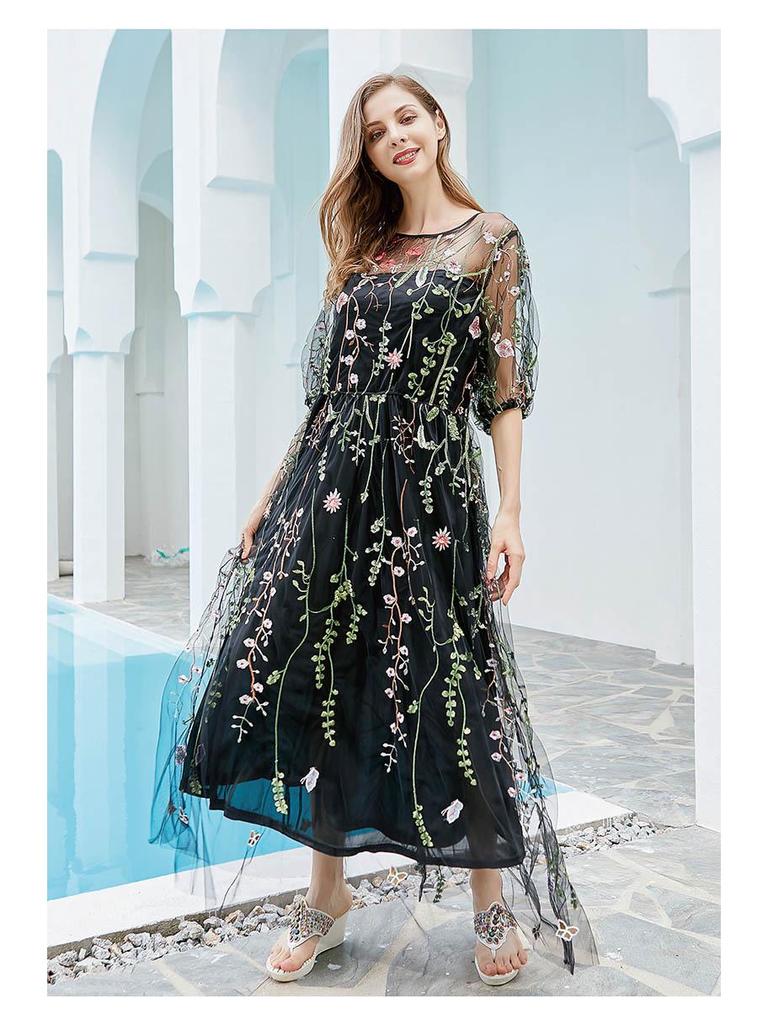 Вечернее платье большого размера в стиле Хепберн: Женское сетчатое платье с вышивкой для банкетной вечеринки