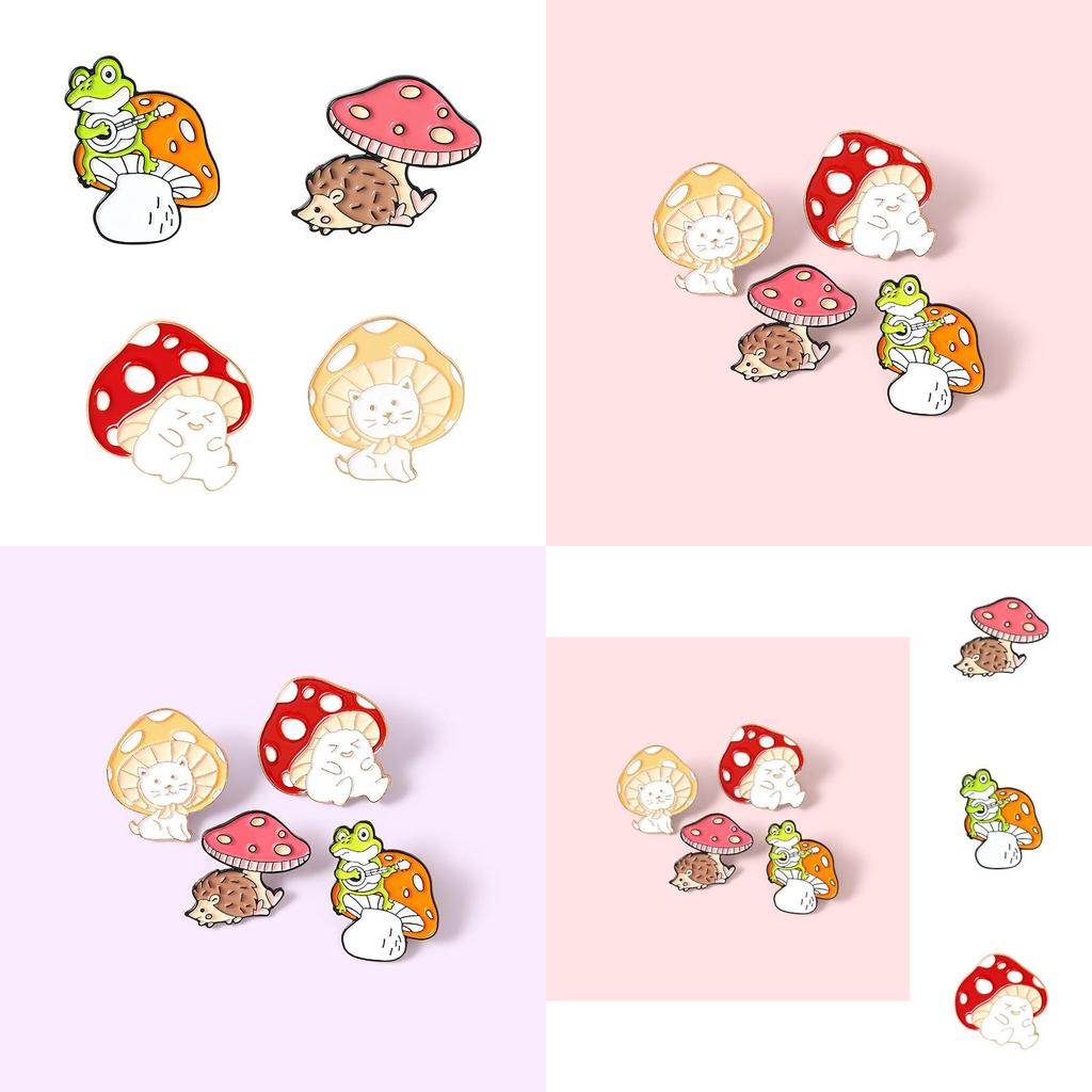 Cute Cartoon Mushroom Animal Brooch Pin Featuring Adorable Cat Hedgehog And Frog Designs