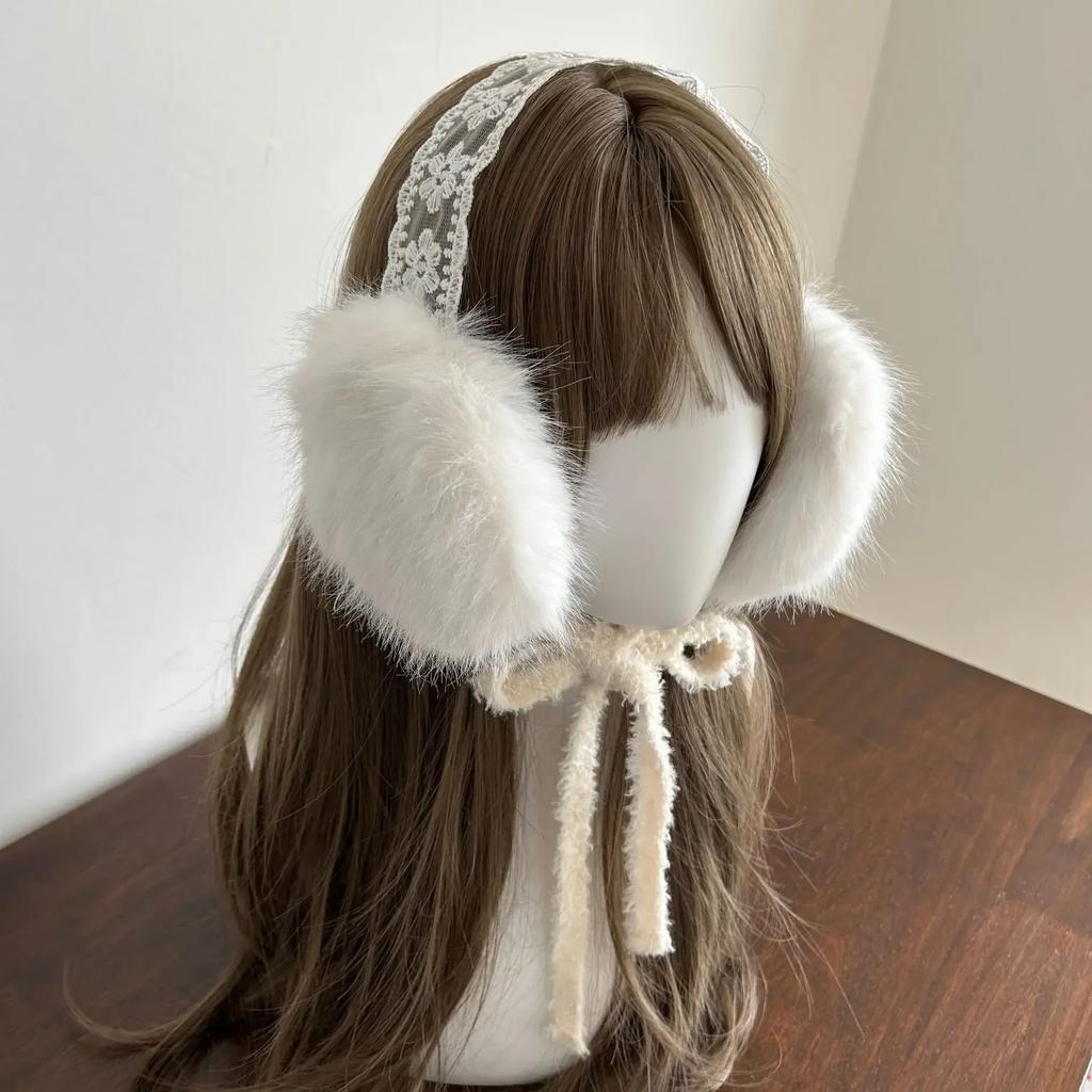 Кружевные наушники-банты, зимние, теплые, утолщенные, женские, кавайные, японские, JK, лента для защиты ушей, повязка на голову, велосипедные наушники, аксессуары Y2k