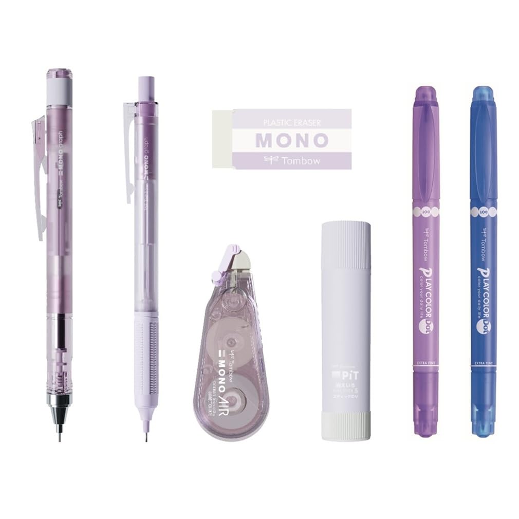 Tombow MONO x PiT Pastel Glass Purple Stationery Set x Mechanical Glue Correction 2 x Colored 7-Piece (2 0.5mm Pencils, Eraser, Stick, Tape, Pens)