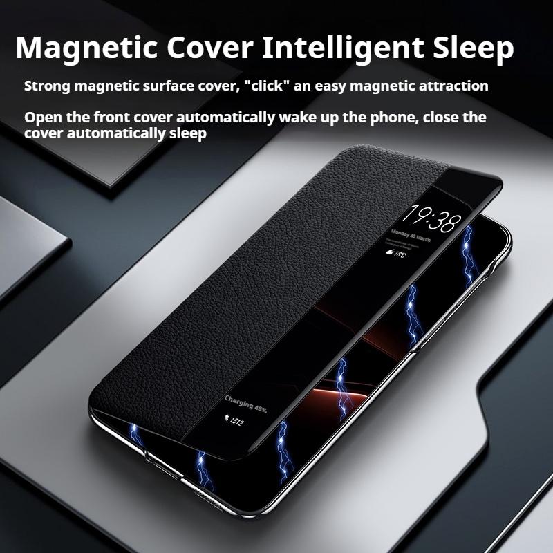 Оригинальный кожаный чехол-книжка для HUAWEI Mate 70 Pro RS Mate 60 Smart View с функцией пробуждения/сна и отображением ID звонящего