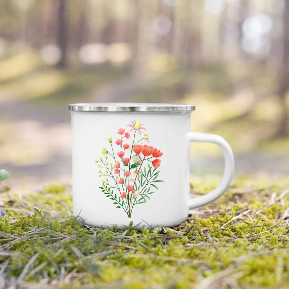 Креативные эмалевые кружки для кофе с цветочным принтом, походные чашки для сока, какао, студенческие кружки для завтрака и молока для детей