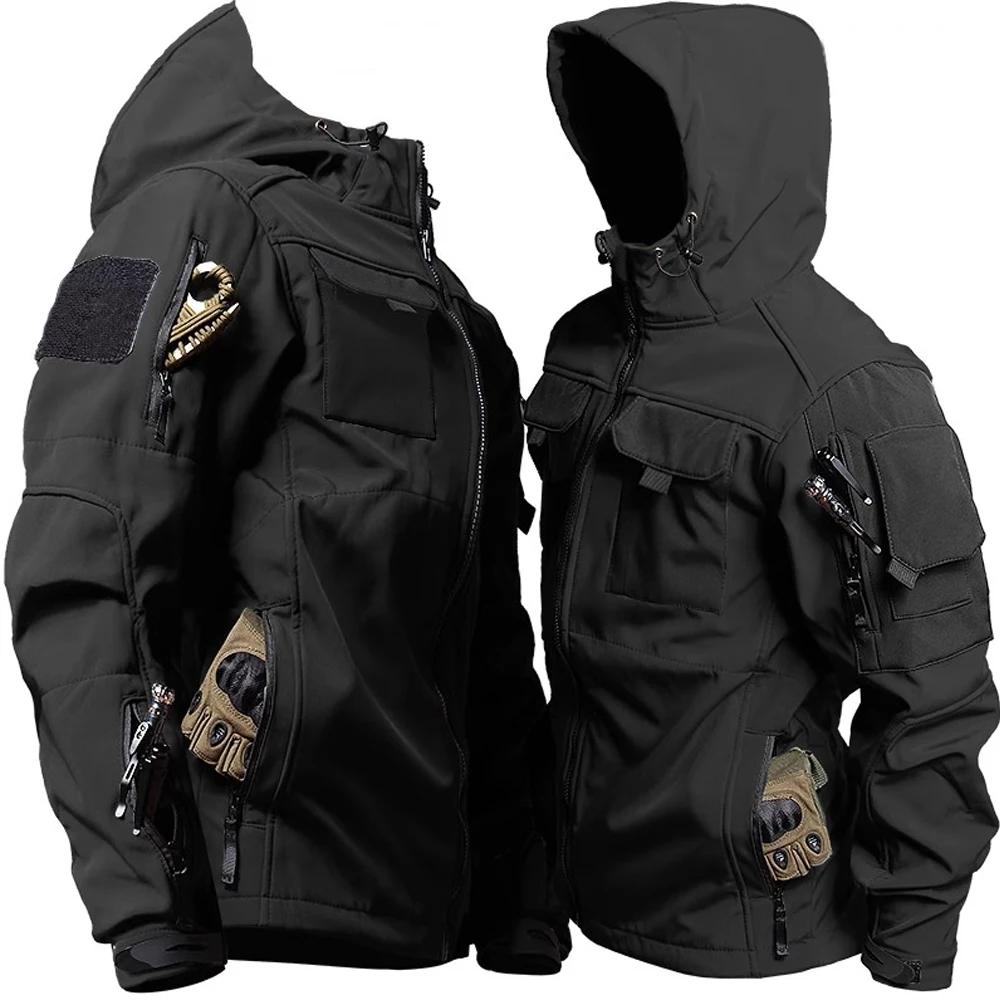 Windbreaker Work Wear Soft Shell Multi-pockets Jackets Men Outdoor Waterproof Hood Motorcy Tops Winter Plus Size