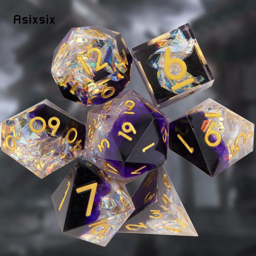 7 шт., фиолетовые, белые, золотые кубики с острыми краями, многогранные кубики из смолы, подходящие для ролевых ролевых игр, настольная игра