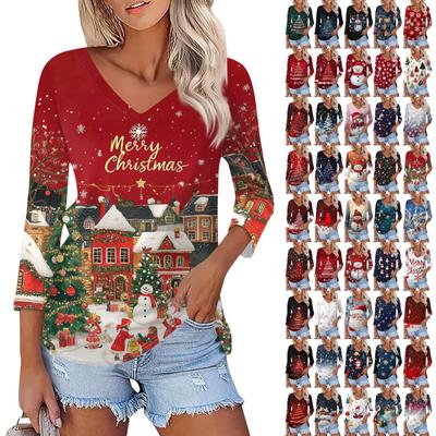 Рубашка для женщин, модная, повседневная, с V-образным вырезом, рукавом 3/4, свободная, с рождественским принтом, женская футболка, топ