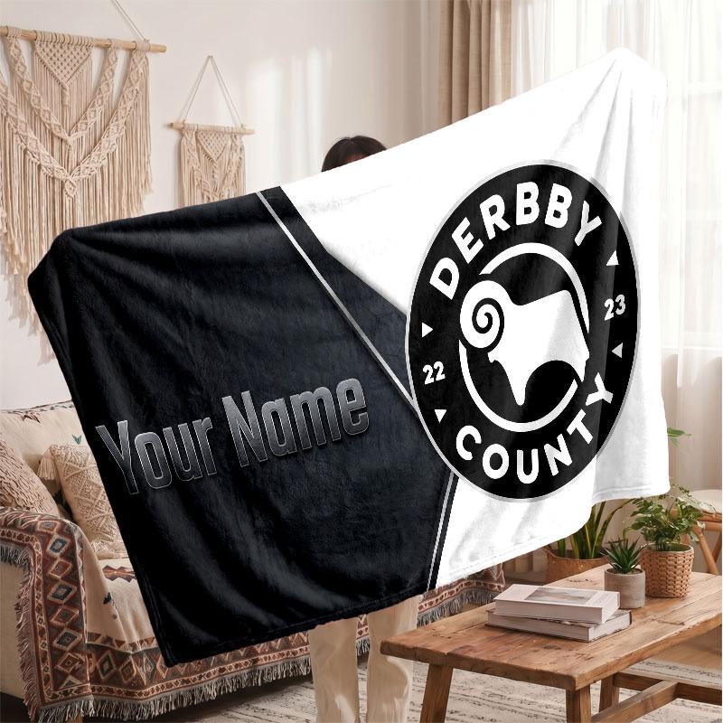 Derby County Personalized Fleece Blanket With Football Logo, Custom Name Text Soft Warm Home Throw Blanket