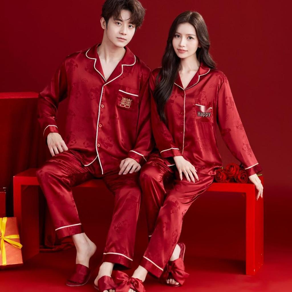 Bright Red Spring-Autumn Panda Jacquard Wedding Pajamas Set for Couples – Festive Plus Size Homewear for Men and Women