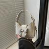 Pu Leather Bow Buckle PU Bag Mini Women's Shoulder Bag Simple Silver Bucket Bag  Women