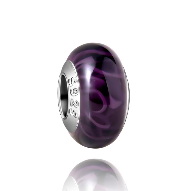 Муранское стекло Серия стерлинговое серебро 925 пробы Медный павлин синий и лепесток цветка Вращается Шарм Подходит для браслета Женские изящные циркониевые аксессуары