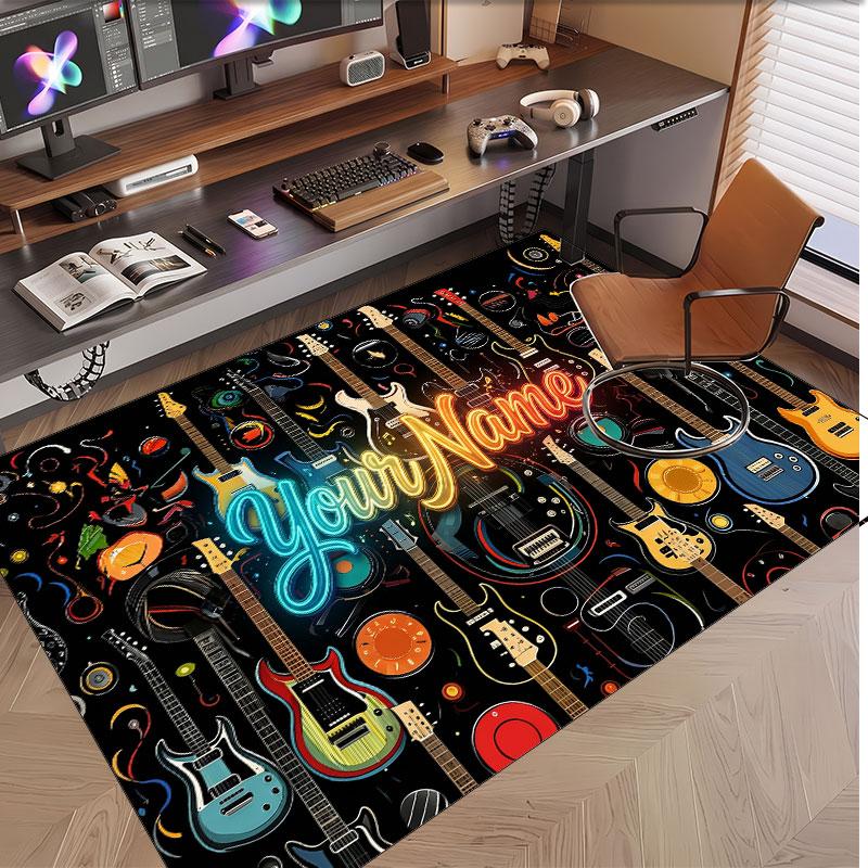 Music Guitar Theme Soft Crystal Velvet Rug Custom Name & Text Print Non Slip Floor Rug for Bedroom Living Room