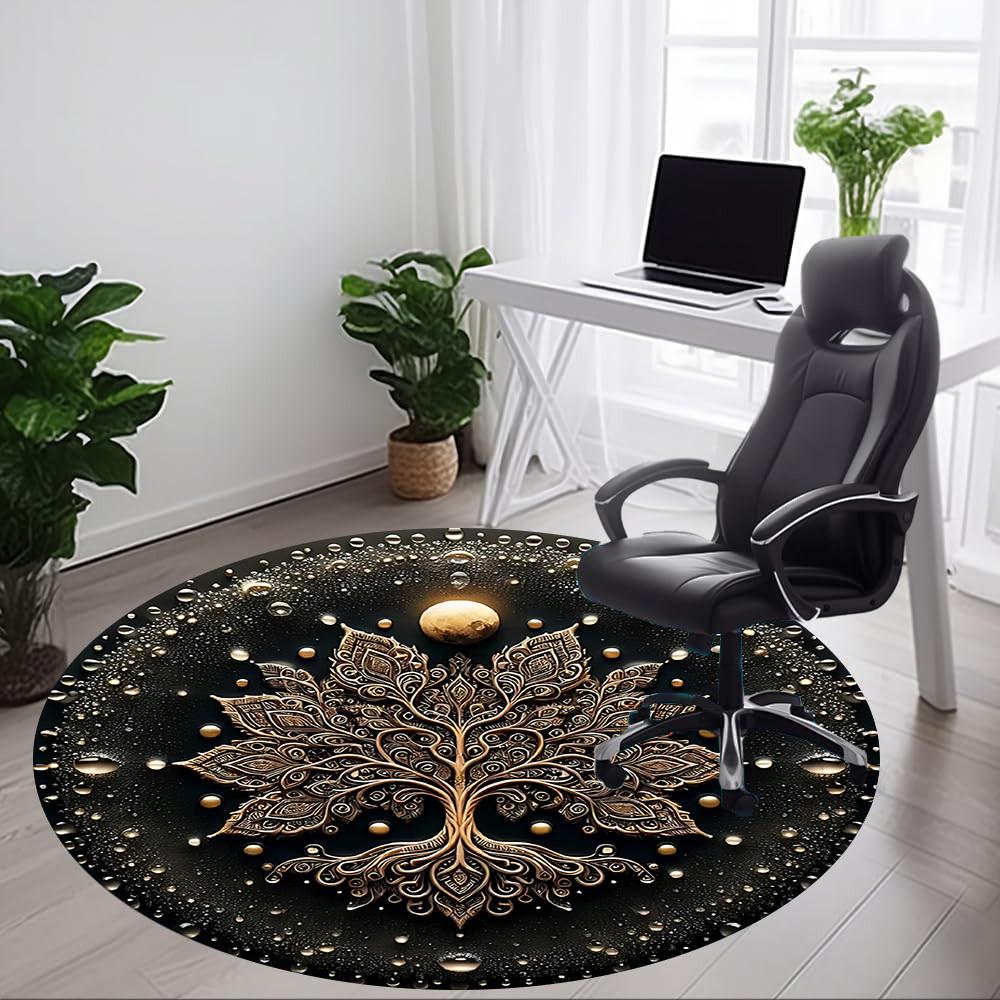 1pc Golden Mandala Life Tree Office Round Area Rug, Mat Suitable For Office, Under Office Chairs Bedroom Living Room Home Decor, Room Deco