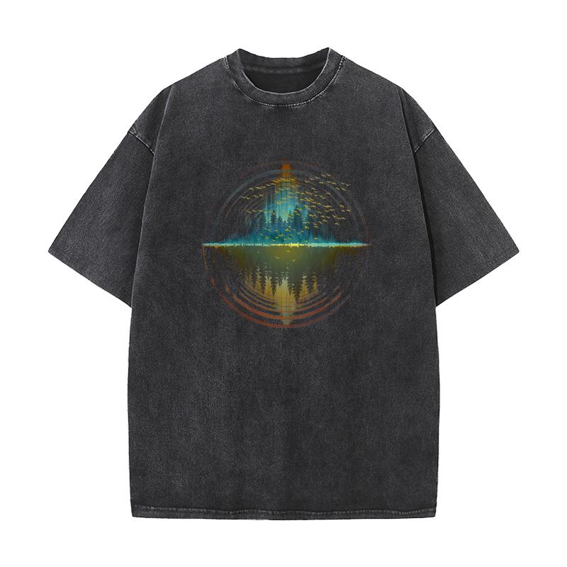 Geometric Sunset Forest Atmosphere ONeck Washed T Shirt NEW YEAR DAY Summer Tees Cute Cotton Fabric Washed Tee Shirts Unisexs