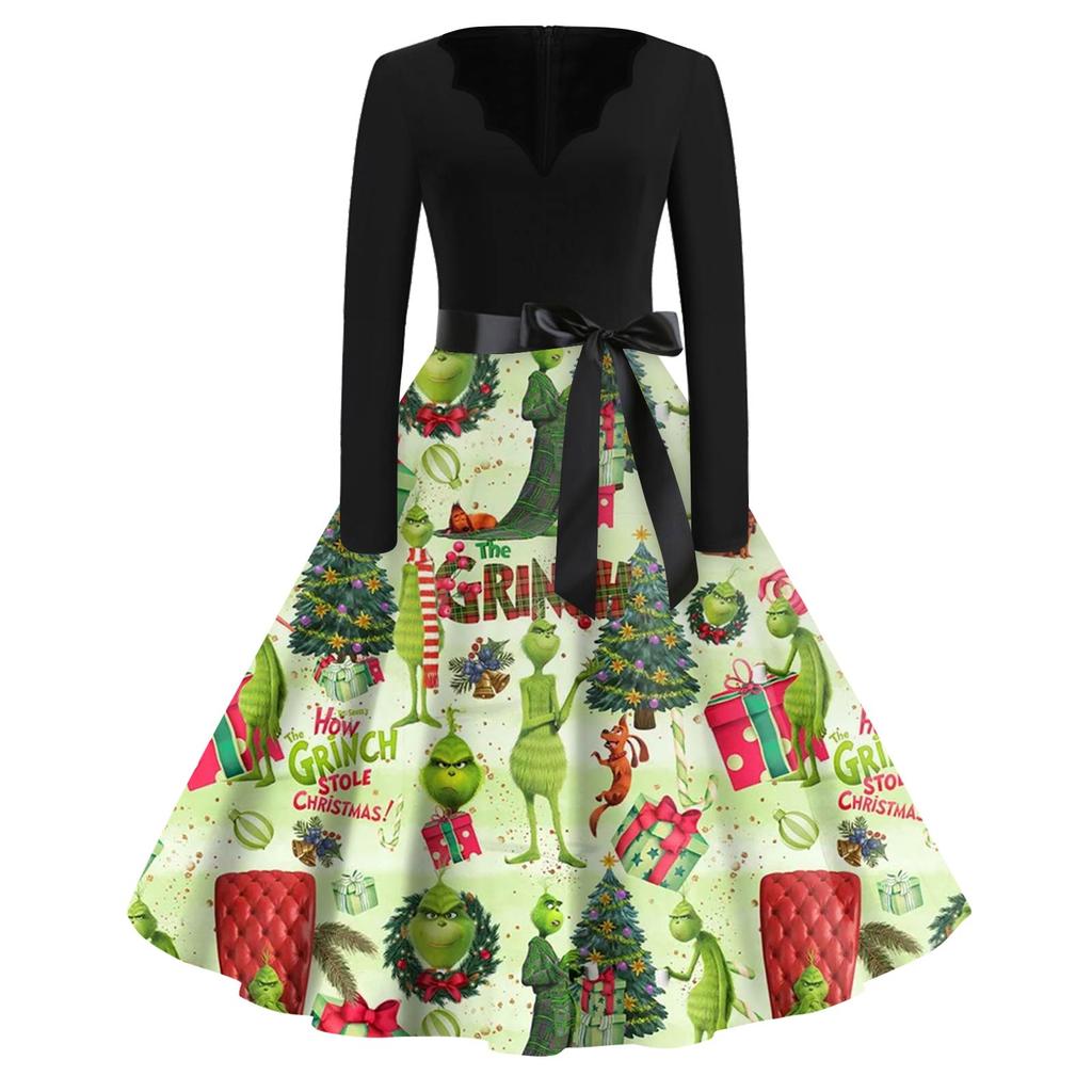 Women's Fashion V-neck Casual Slim-fit Christmas Print Long-sleeved Dress