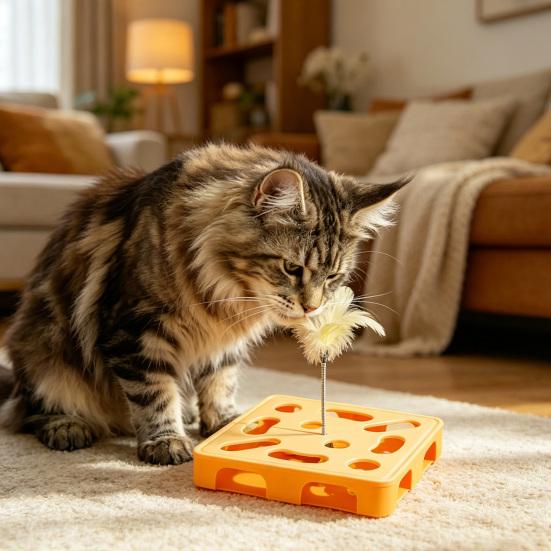 Interactive Puzzle Toy for Cats Puzzle Box with Jingle Balls Spring Feather Wand Cat Enrichment Toy for Indoor Cats Mental Stimulation And