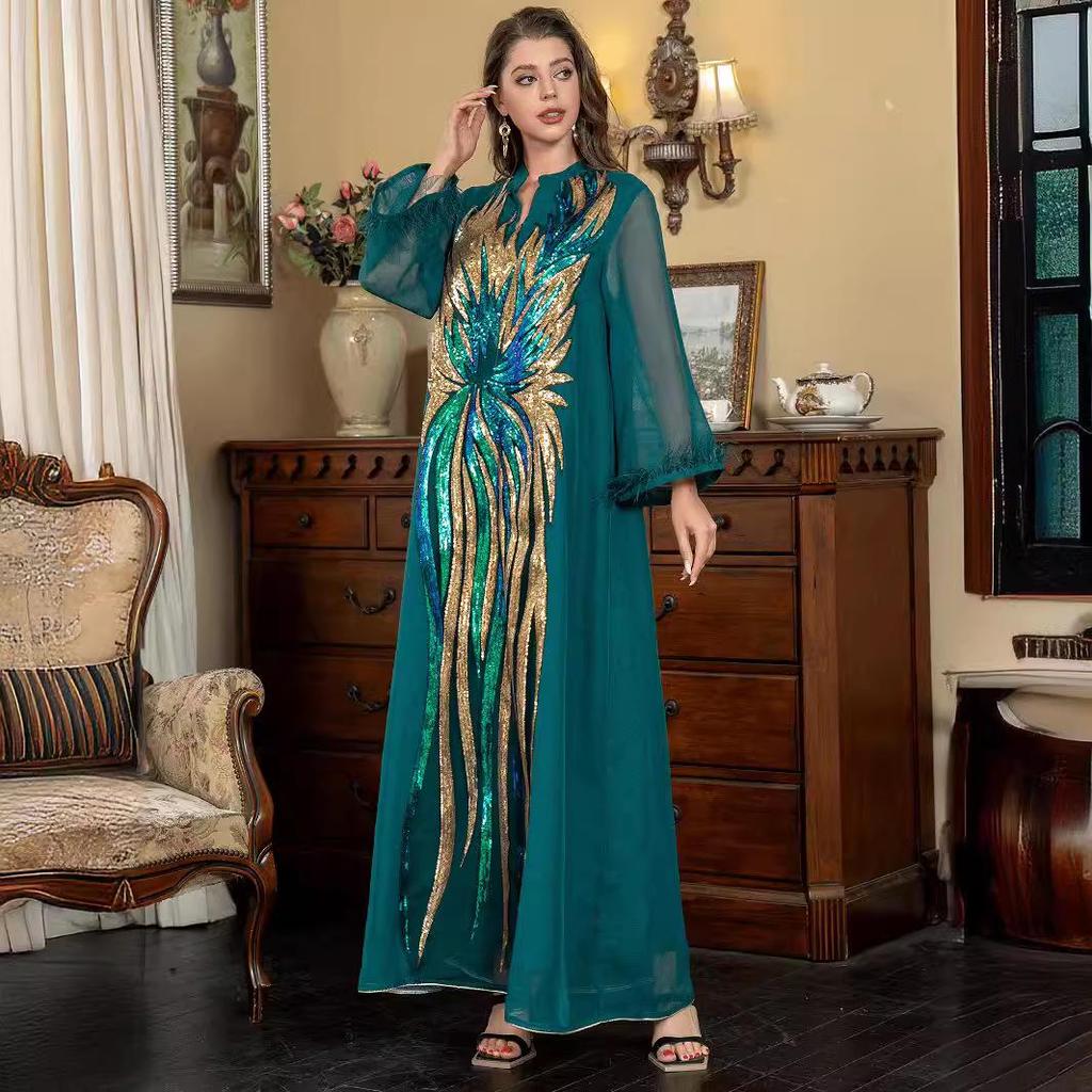 SW008 Мусульманская абайя с V-образным вырезом и длинными рукавами, украшенная страусиными перьями и пайетками