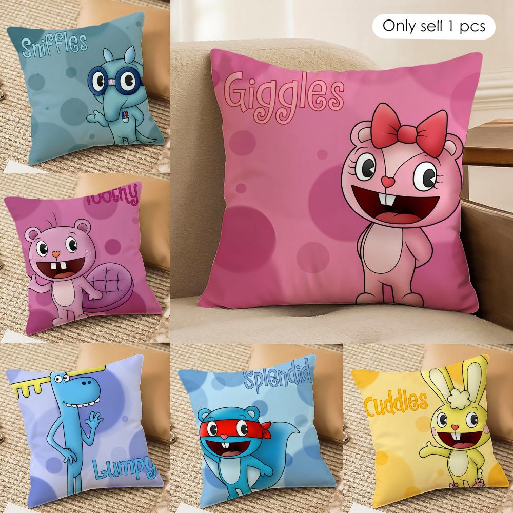 Cartoon Happy TTree Friends Cushion Cover Silky Short Plush Invisible Zipper Dustproof Sofa Pillow Case for Home Decor