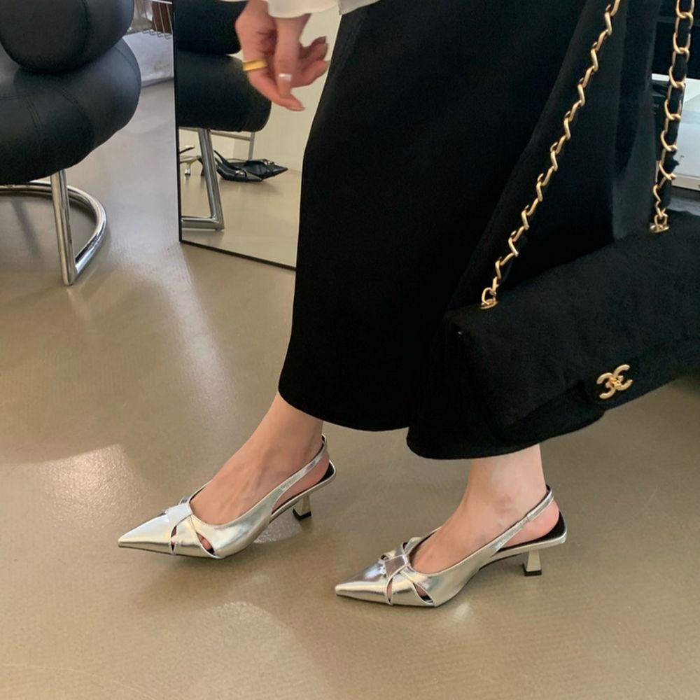 Мода Модные женские босоножки с острым носком Летние туфли на тонком высоком каблуке Черные Серебряные Золотые эластичные черные Золотые Серебряные ремешки сзади 39