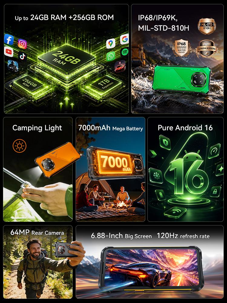 Cubot Защищенный смартфон KingKong ES 5 12 ГБ(+12 ГБ) ОЗУ 256 ГБ ПЗУ Две SIM-карты 6,88" 64 МП 7000 мАч NFC Android 16