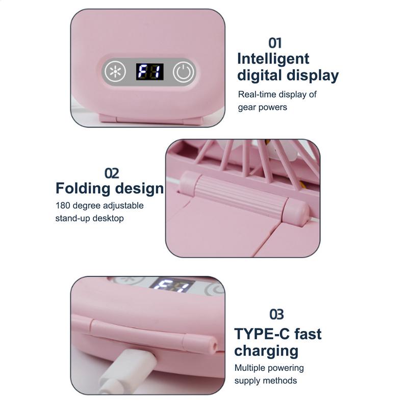 Персональный шейный вентилятор Маленький настольный ручной вентилятор Складной Тихий Охладитель Перезаряжаемый Циркулятор воздуха Зеркало и Шнурок для Женщин