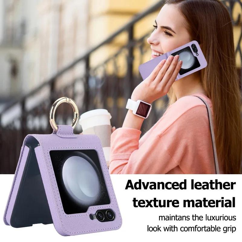 Кожаный чехол-кольцо с текстурой кросс-грейн для Samsung Galaxy Z Flip 6 5 4 3 Flip5 Flip4 Flip6 Кошелек с держателем для карт Ударопрочный чехол