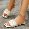 Fashion Sexy Knitted Lace Strap Breathable Slides Square Toe Flat Heel Slip On Sandals Women Summer Fashion Light Weight Beach Slippers