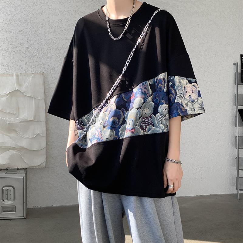 Plus Size Half Sleeve Print Patchwork Street Casual Tops Summer New Short Sleeve Loose Korean T Shirts Fashion Trend Men Clothes