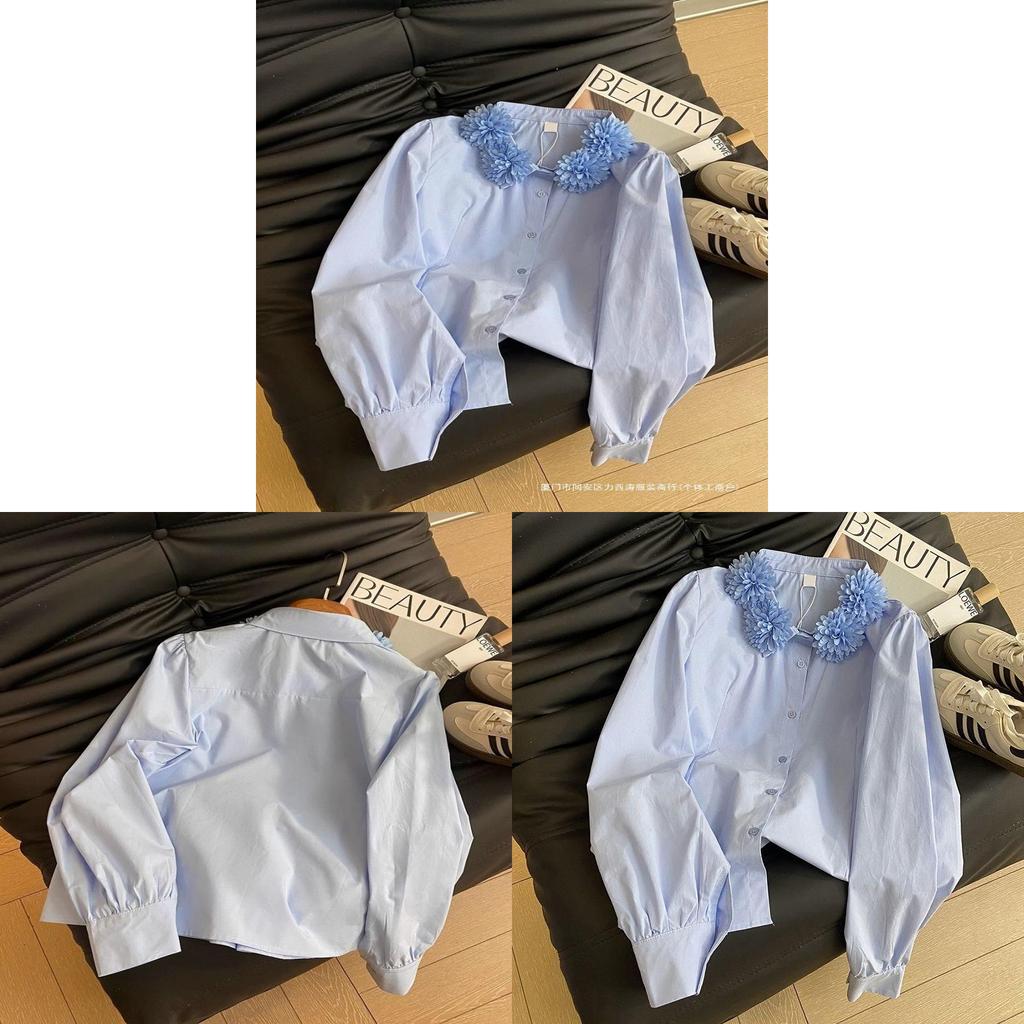 Spring French Sweet Ladies Blouse With 3d Floral Embroidery And Bubble Sleeves For Casual Wear