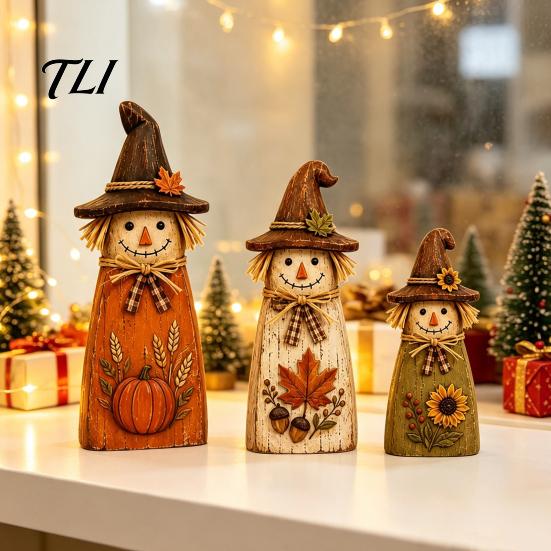 Whimsical Witch Hat Cat Figurines 3Pcs Rustic Wooden Halloween Tabletop Decor, Farmhouse Black Figurine Moon Star Pumpkin Art with Hat,