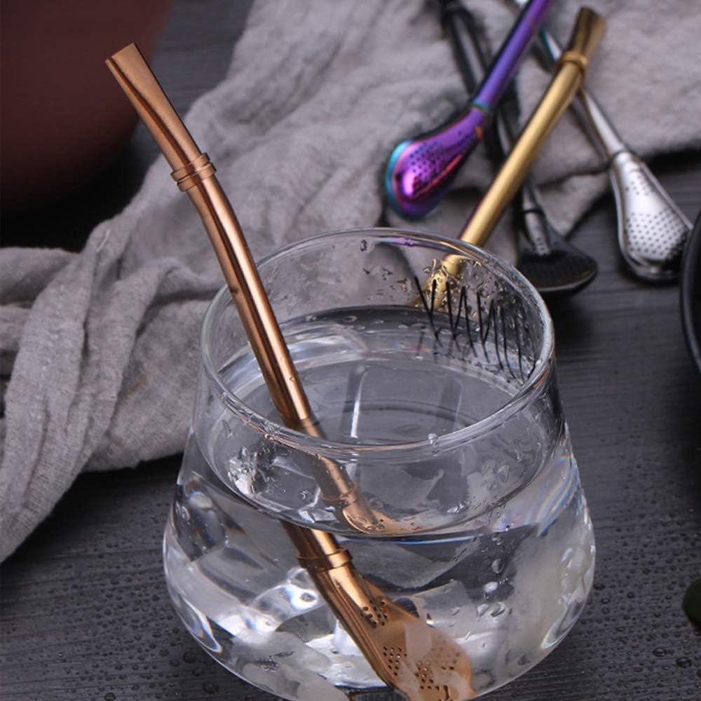 Stainless Steel Straw Filter Spoon, Yerba Mate Bombilla, Loose Leaf Tea Strainer, Tea Straw for Drinking Coffee, Cocktail, Pack of 5 with Cleaning