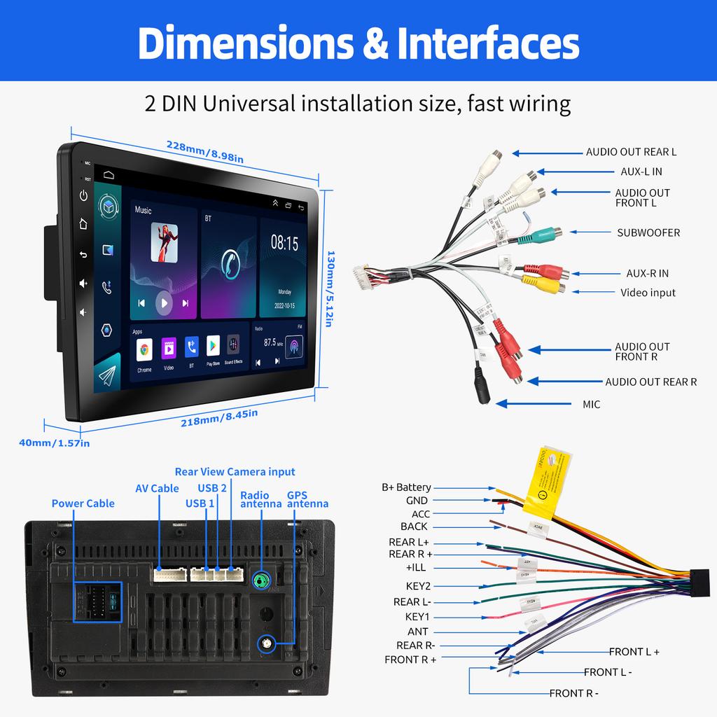 9-дюймовый 2 DIN автомобильный стерео радиоприемник Wirless Carplay Android Auto Car Stereo Bluetooth 64G GPS навигация RDS WiFi USB FM DAB+CAM