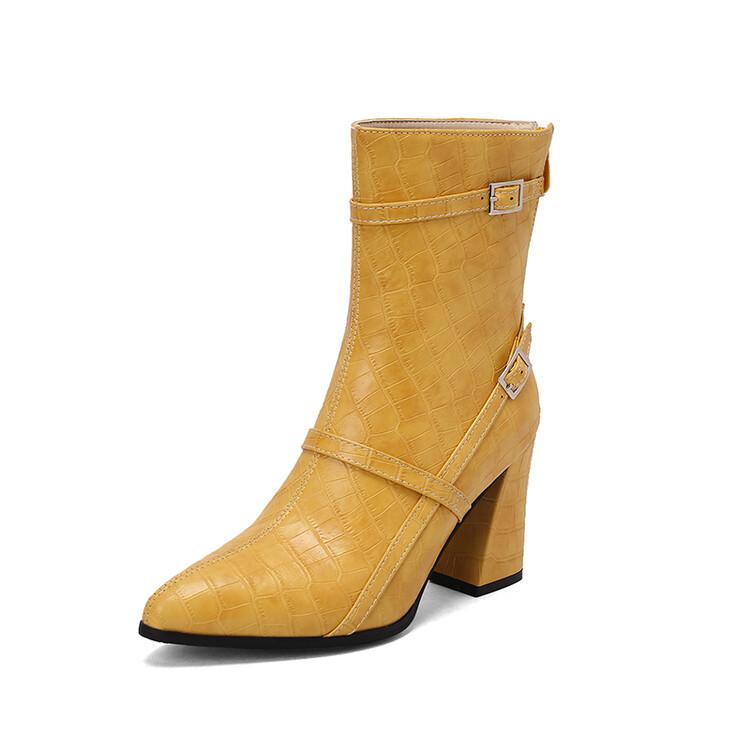 Большие размеры 49 50 женские ботинки из искусственной кожи крокодила с двойной пряжкой-молнией цвета красного вина, ярко-желтого, темно-синего цвета, на высоком каблуке