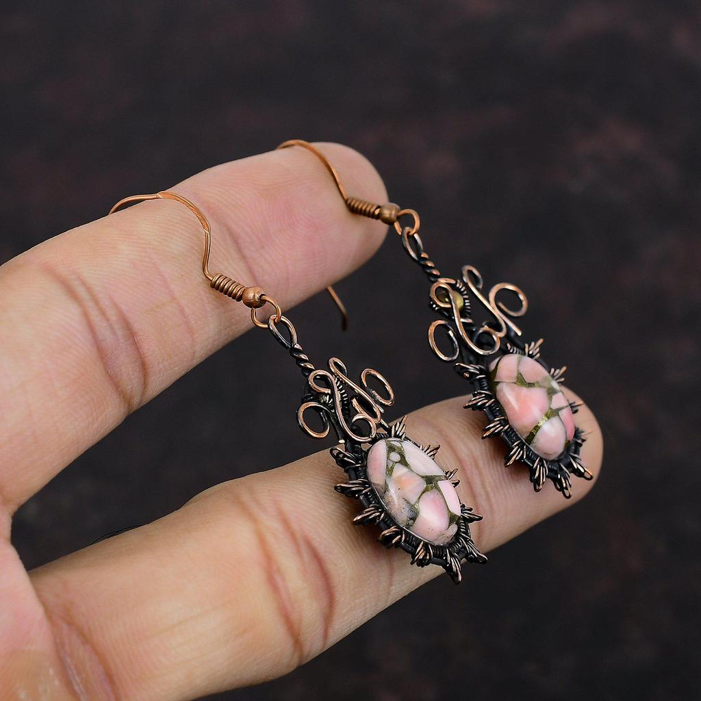 Серьги из медного розового опала, серьги из медной проволоки, драгоценные камни, розовые опаловые украшения, стильные серьги, украшения из медной проволоки ручной работы, подарок для женщин