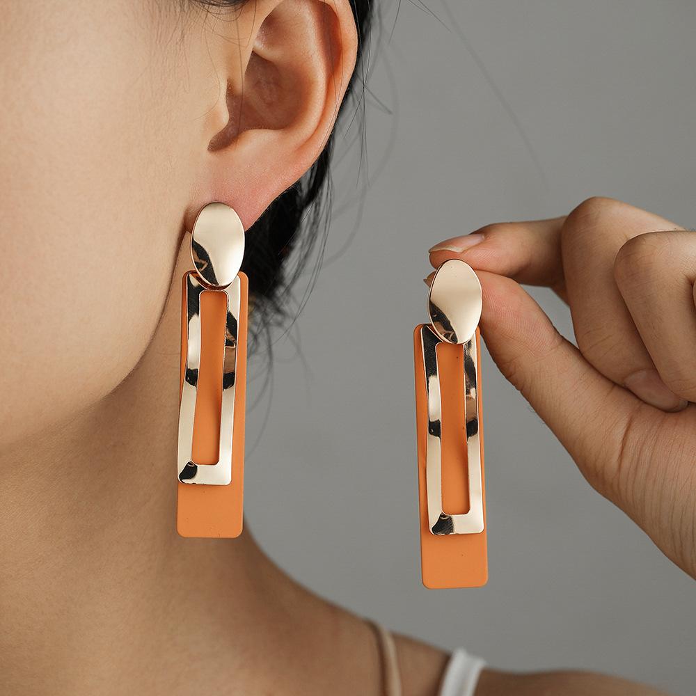 French Fashion New Light Luxury Style Earrings Niche Personality Spray Painted Colored Earrings Geometric Rectangular Metal Earrings