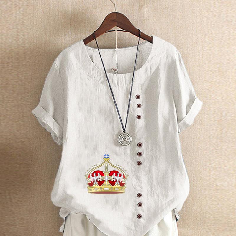 Женская модная футболка с круглым вырезом и коротким рукавом с принтом «Корона», повседневная рубашка из хлопка и льна с рисунком, свободная летняя блузка для отдыха, топы