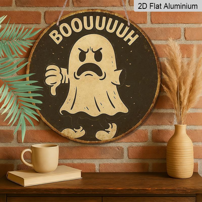 2D Flat, 1pc Round Aluminum Sign, Featuring a Vintage Plaque with The Word 'BOOUUUUH', Perfect for Halloween Ghost Decor, Suitable for Decorating