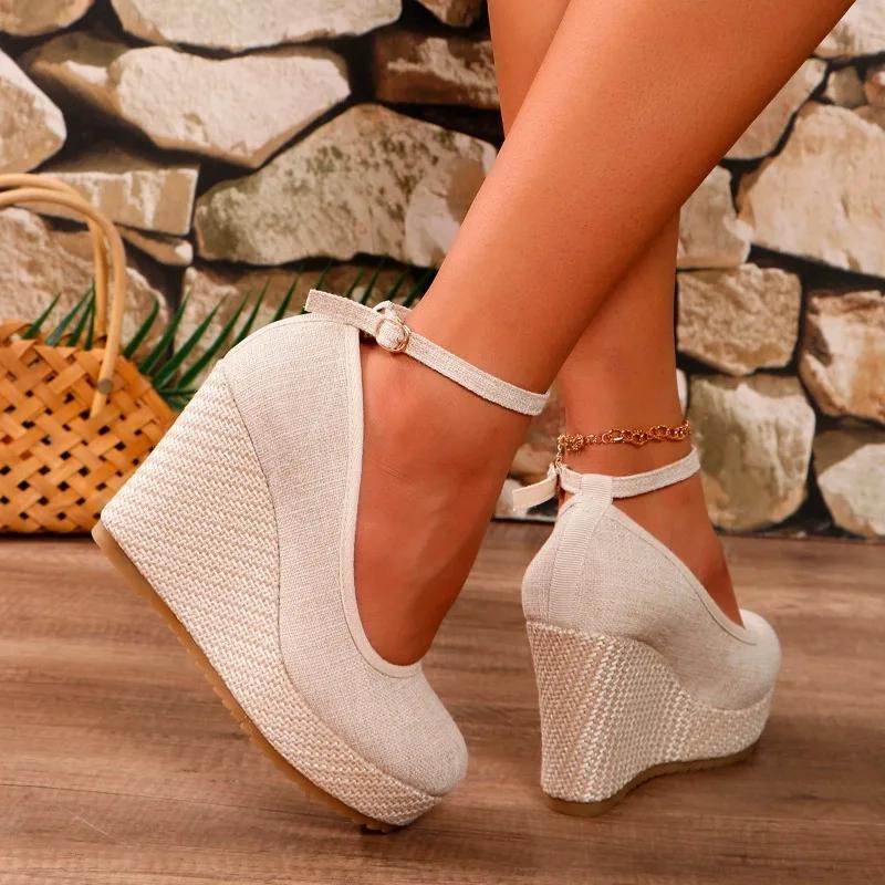 2024 Большие размеры Женская обувь с пряжкой на ремешке Женские туфли на высоком каблуке Платформа Повседневное платье Туфли-лодочки Женские туфли на высоком танкетке с круглым носком Женские туфли